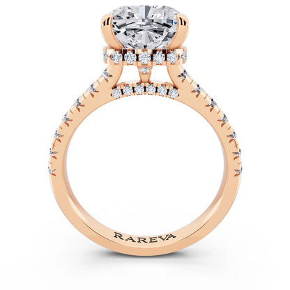 14 KT Rose Gold Cushion Cut Diamond Ring with Hidden Halo - through finger