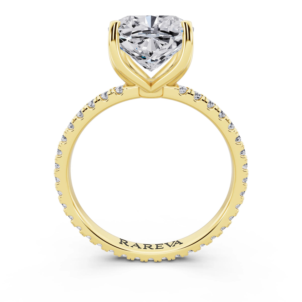 14 KT Yellow Gold Cushion Cut Diamond Solitaire Ring with Pave Eternity Band - through finger