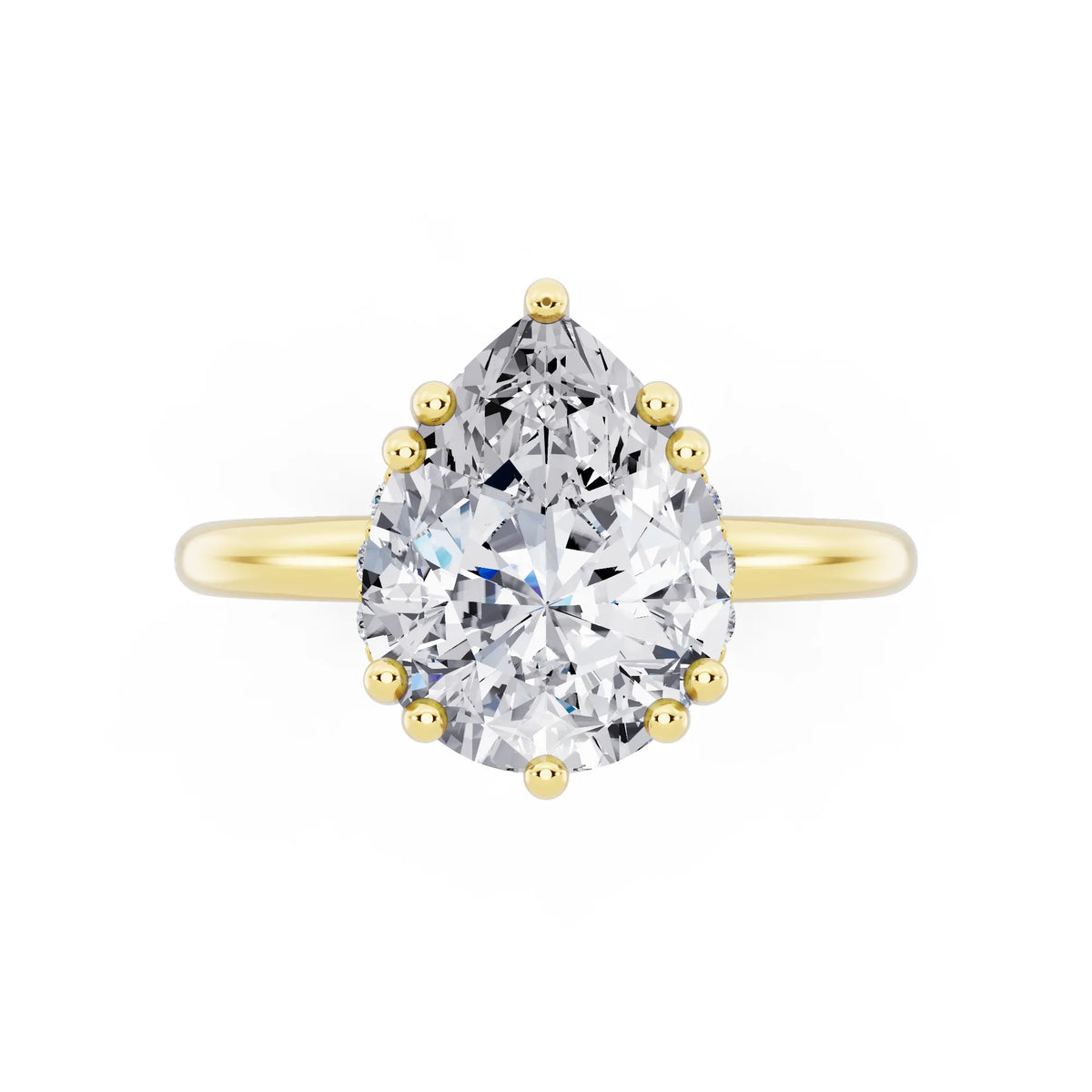 18 KT Yellow Gold Pear Cut Diamond Solitaire Ring with Hidden Accent Basket - top angle