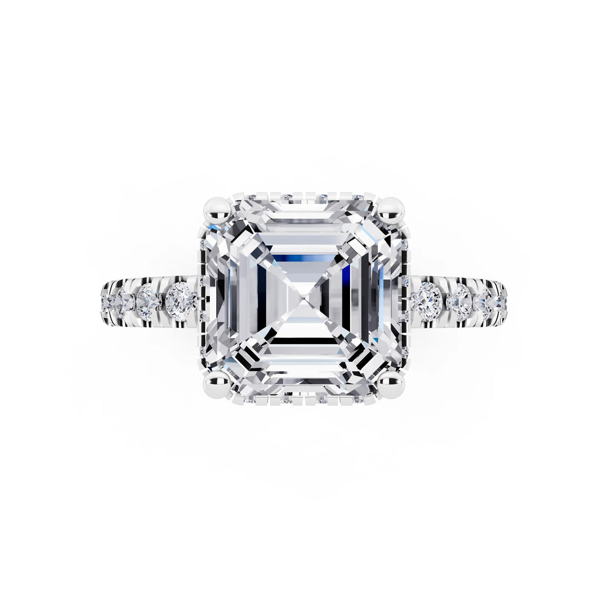 14 KT White Gold Asscher Cut Diamond Hidden Halo Ring with Pave Band - top angle