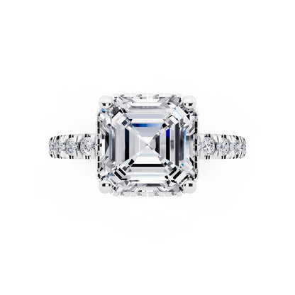 14 KT White Gold Asscher Cut Diamond Hidden Halo Ring with Pave Band - top angle