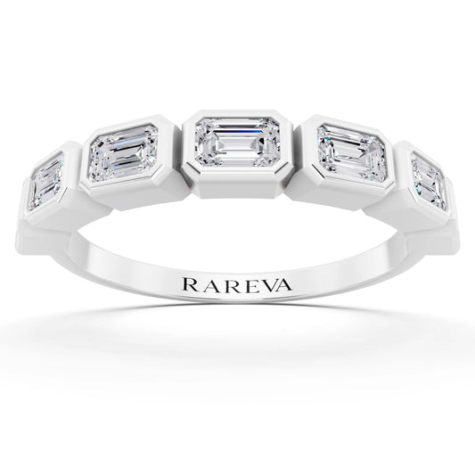 Platinum Seven Stone Emerald Cut Bezel Set Diamond Half Eternity Wedding Band - 2mm - Front
