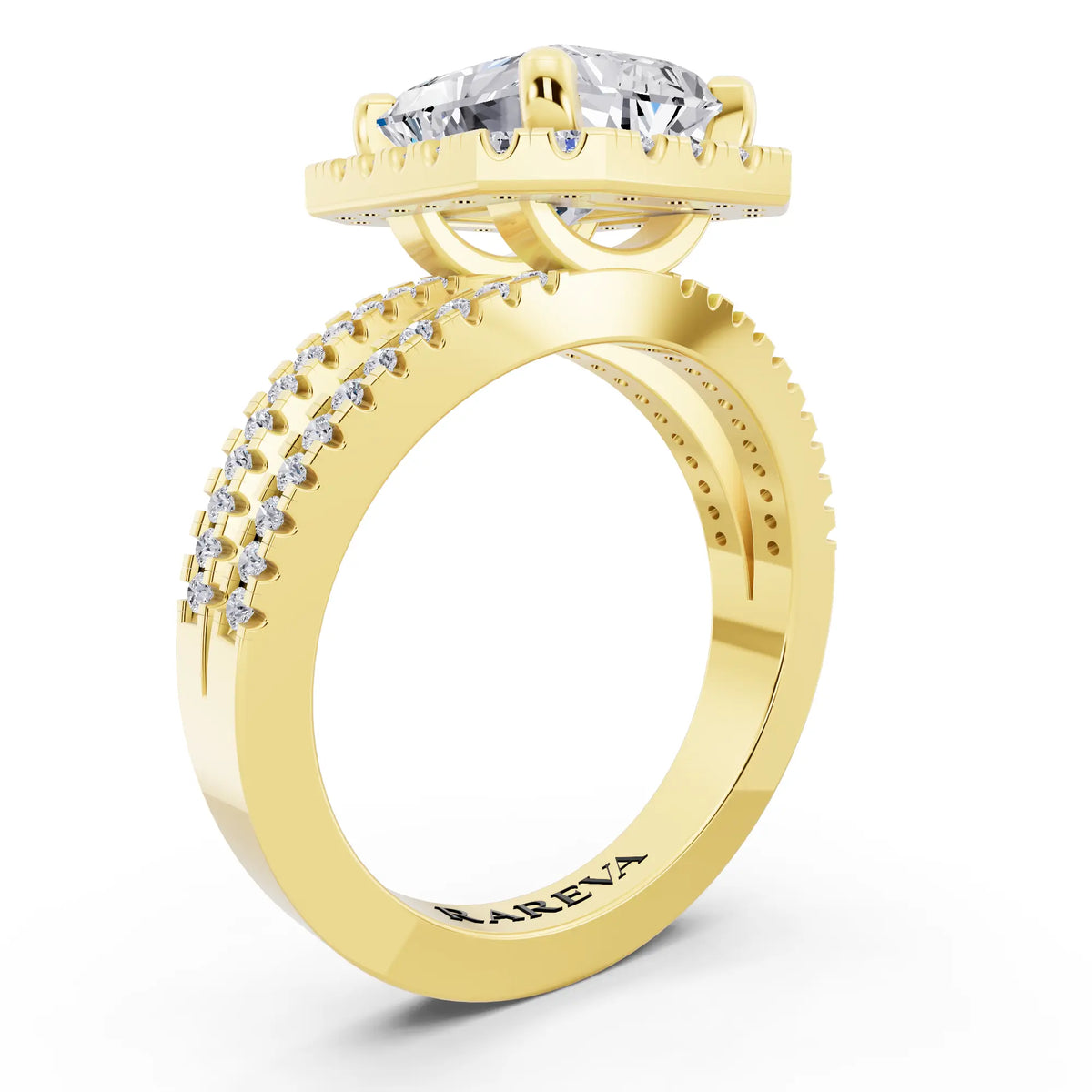 14 KT Yellow Gold Radiant Cut Diamond Halo Ring with Pave Split Shank - top view