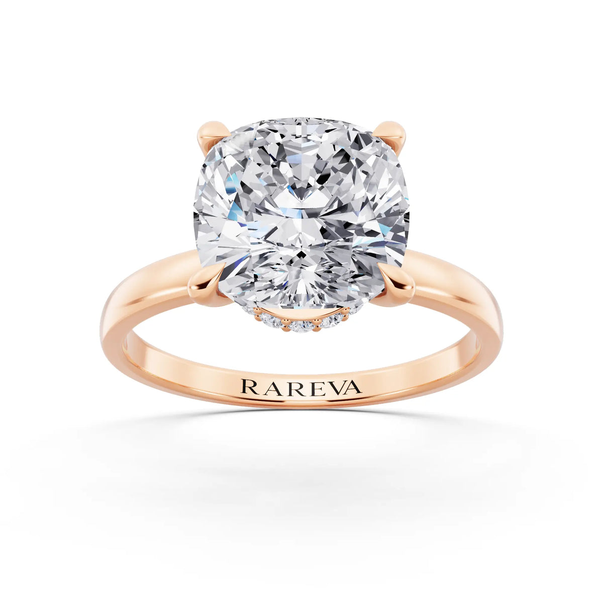 14 KT Rose Gold Cushion Cut Diamond Solitaire Ring with Pave Collar - front view