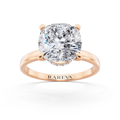 14 KT Rose Gold Cushion Cut Diamond Solitaire Ring with Pave Collar - front view