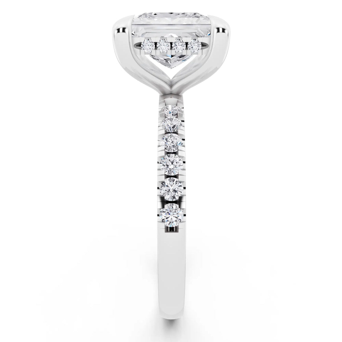 14 KT White Gold Princess Cut Diamond Solitaire Ring with Round Pavé Band and Prong Setting - side view