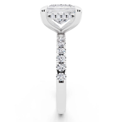 14 KT White Gold Princess Cut Diamond Solitaire Ring with Round Pavé Band and Prong Setting - side view