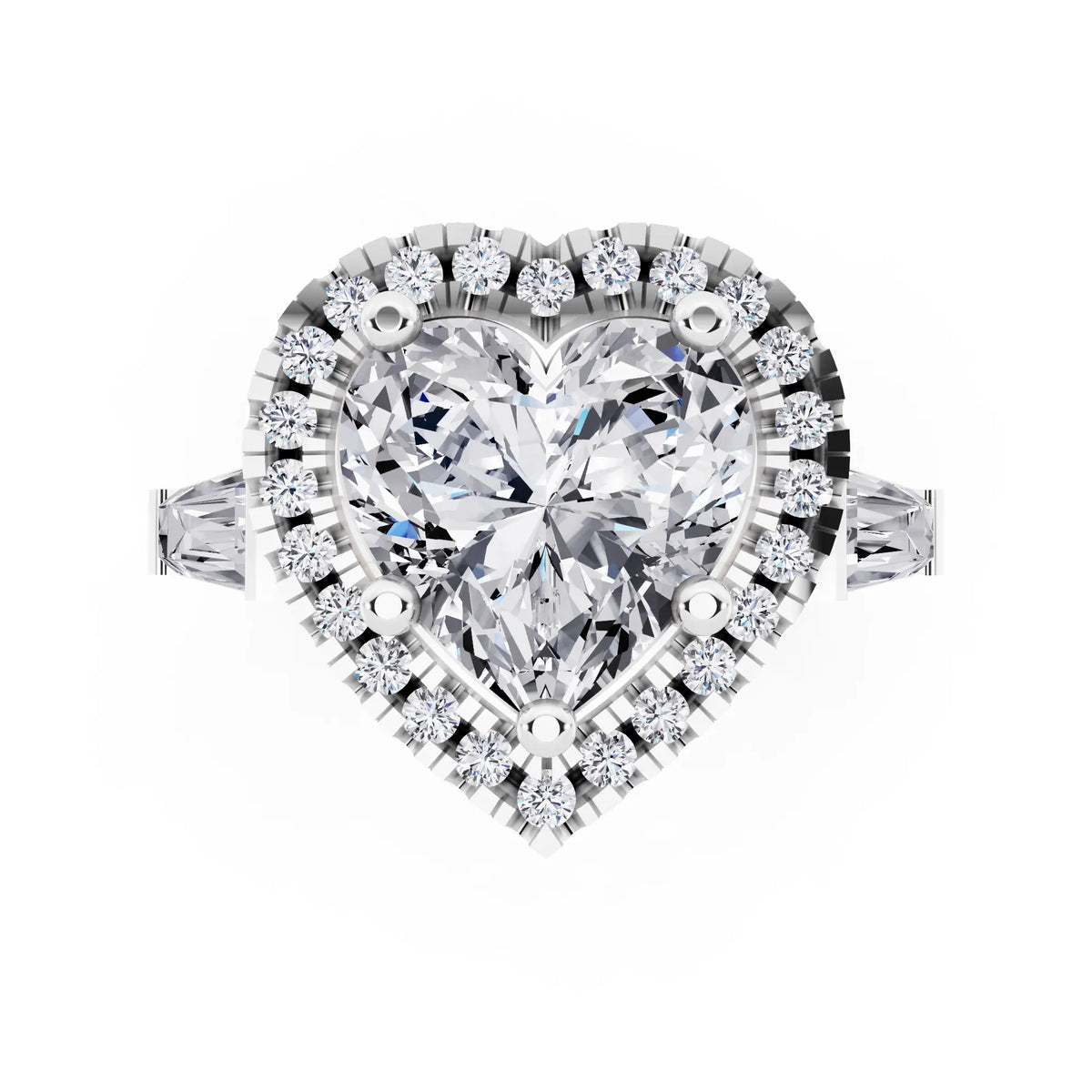 18 KT White Gold Heart Cut Diamond Halo Ring with Baguette Accents - top angle