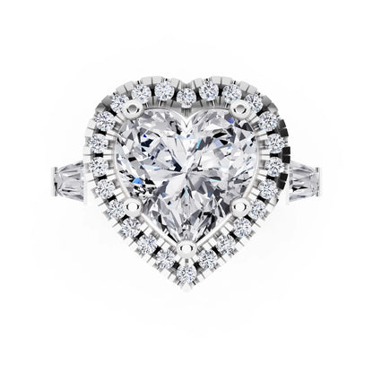 18 KT White Gold Heart Cut Diamond Halo Ring with Baguette Accents - top angle