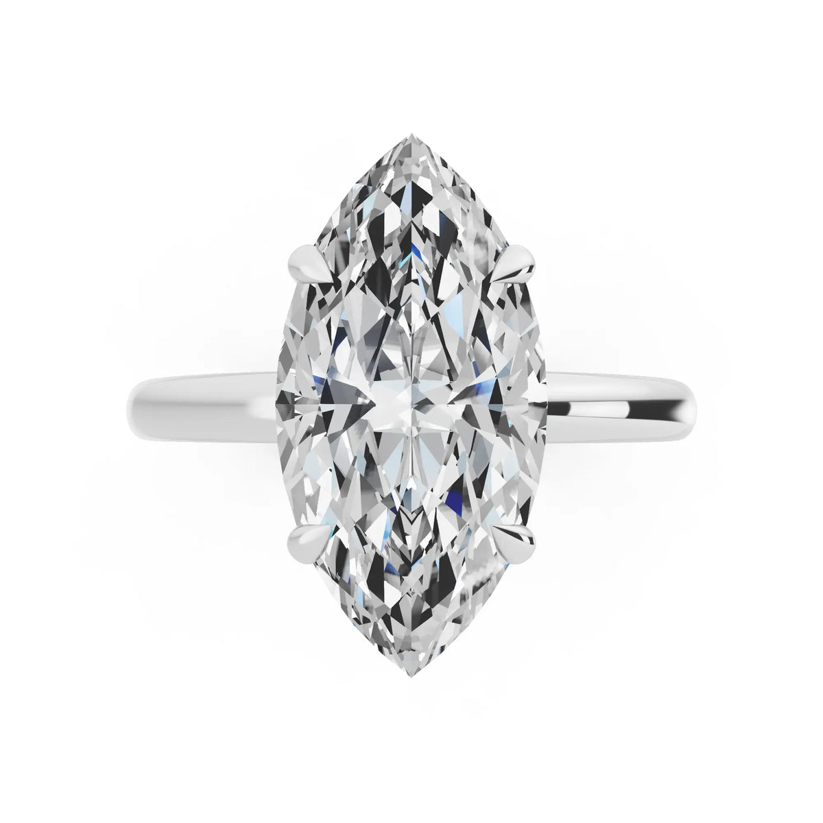 18 KT White Gold Marquise Cut Diamond Solitaire Ring with Hidden Halo - top angle