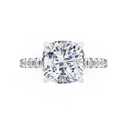 14 KT White Gold Cushion Cut Diamond Solitaire Ring with Marquise Collar - top angle
