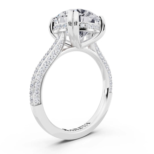 Platinum Round Cut Diamond Hidden Halo Double Claw Pave Band Ring - top view