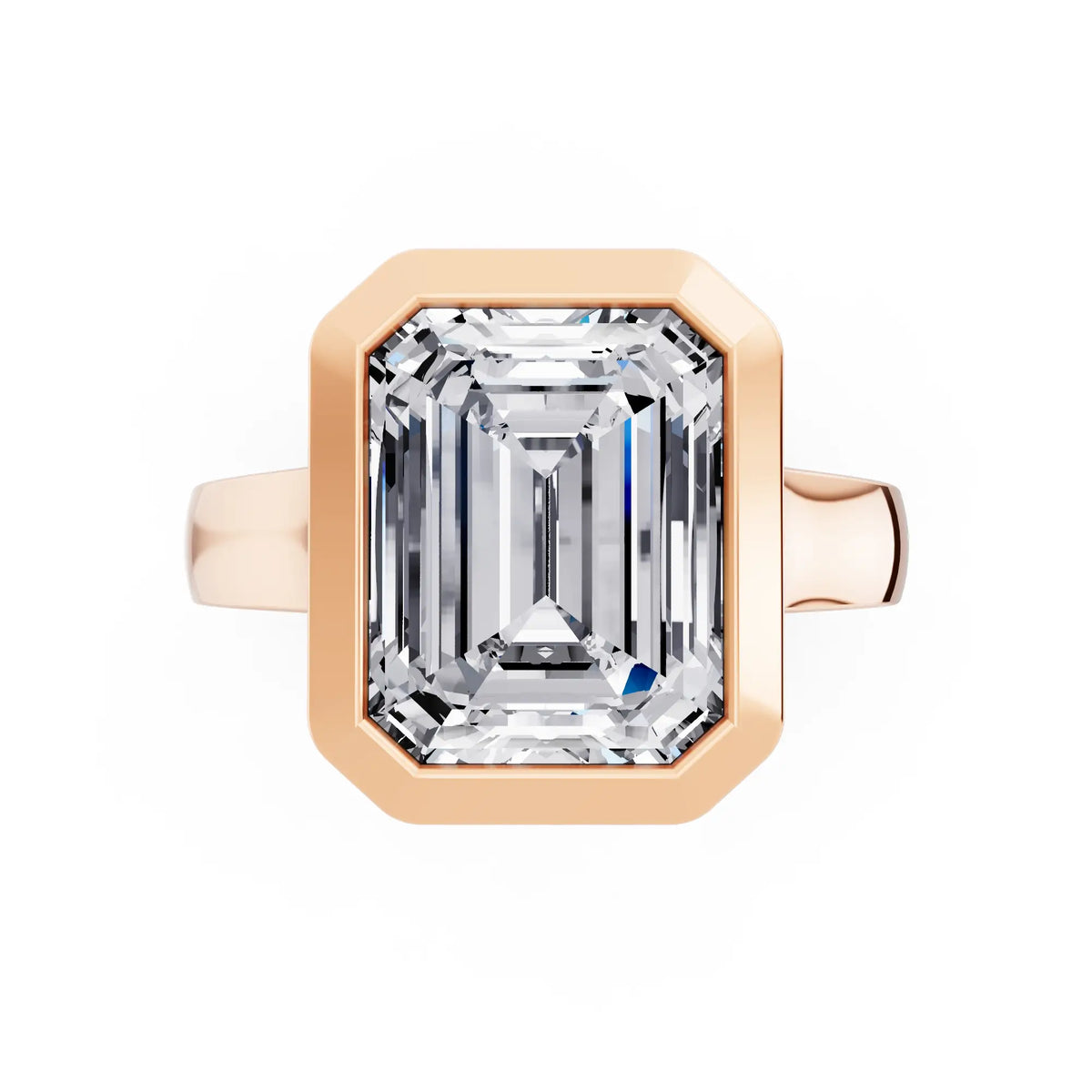 14 KT Rose Gold Emerald Cut Diamond Bezel Set Solitaire Ring - top angle
