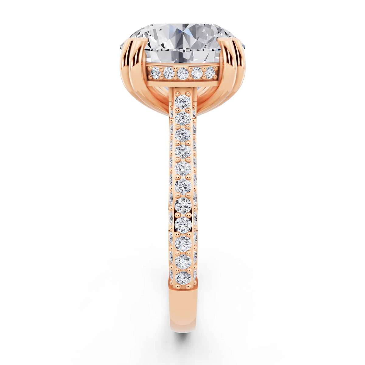 14 KT Rose Gold Round Cut Diamond Hidden Halo Double Claw Pave Band Ring - side view