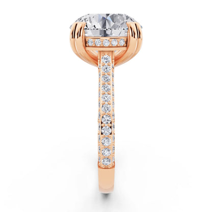 14 KT Rose Gold Round Cut Diamond Hidden Halo Double Claw Pave Band Ring - side view