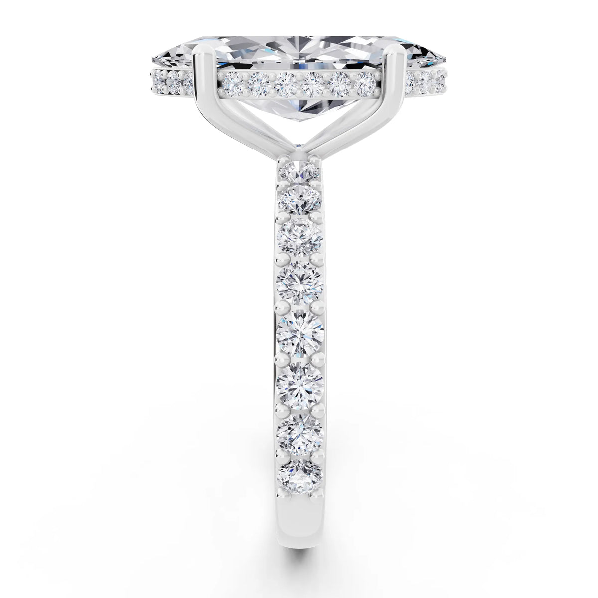 18 KT White Gold Marquise Cut Diamond Solitaire Ring with Hidden Halo and Pave Band - side view