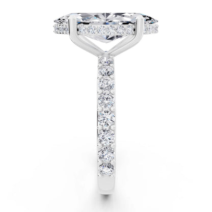 18 KT White Gold Marquise Cut Diamond Solitaire Ring with Hidden Halo and Pave Band - side view