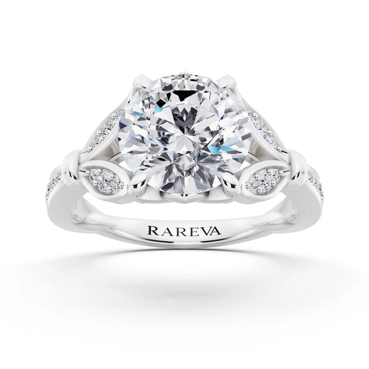18 KT White Gold Round Cut Diamond Ring with Lotus Collar - front view