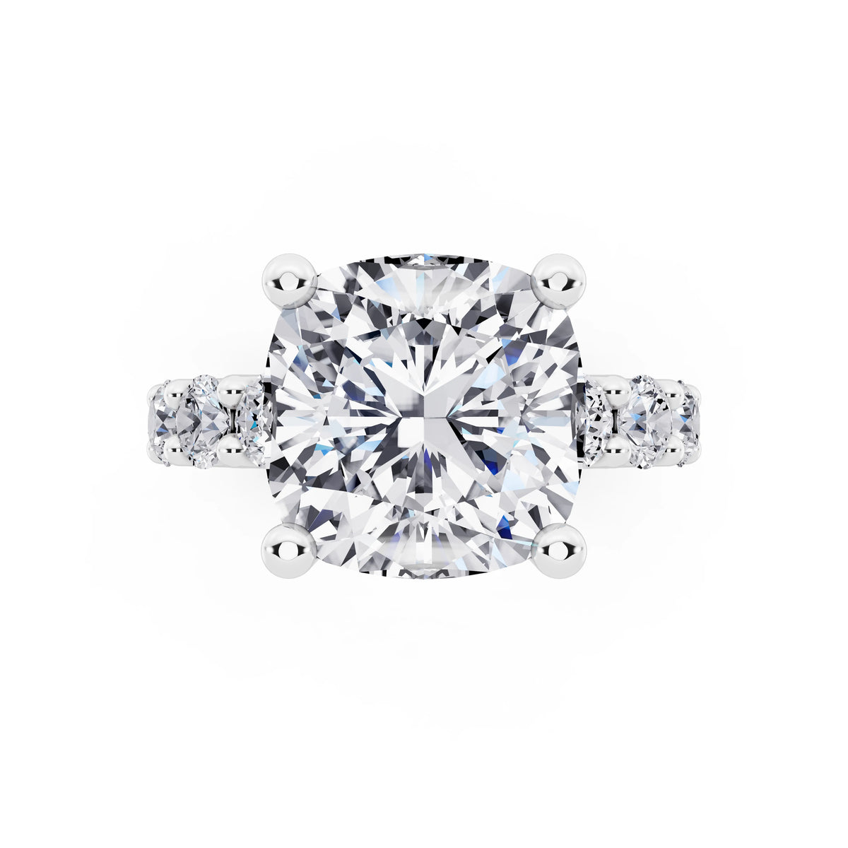 Platinum Cushion Cut Diamond Ring with Shared Prong Eternity Band - top angle