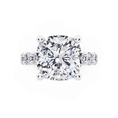 Platinum Cushion Cut Diamond Ring with Shared Prong Eternity Band - top angle