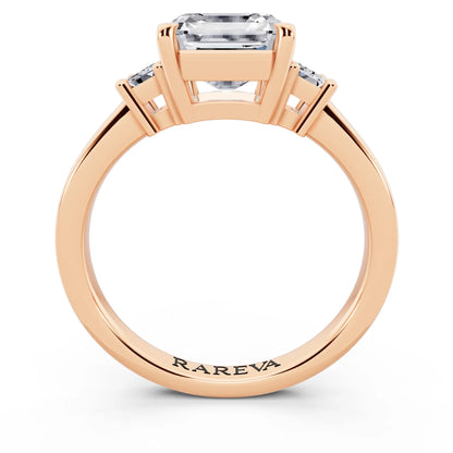 14 KT Rose Gold Asscher Cut Diamond Three Stone Emerald Accent Ring - through finger