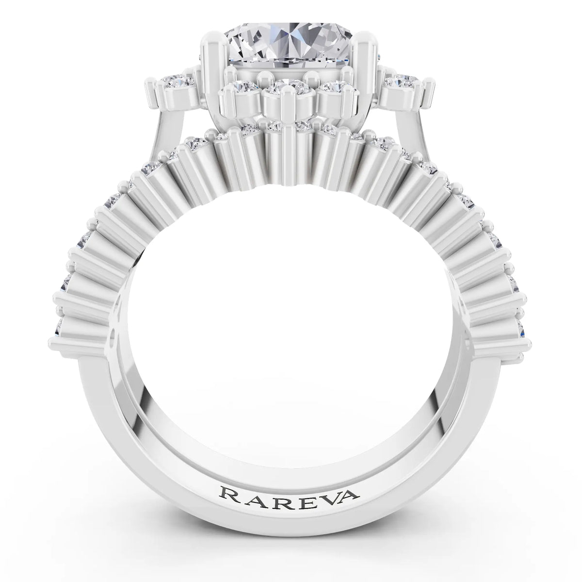 14 KT White Gold Round Cut Diamond Sunburst Halo Ring with Graduated Band - Through