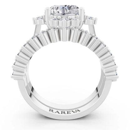 14 KT White Gold Round Cut Diamond Sunburst Halo Ring with Graduated Band - Through