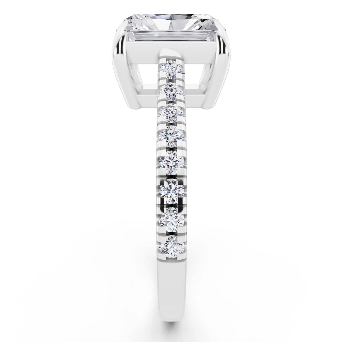 18 KT White Gold Radiant Cut Diamond Claw Prong Solitaire Ring with French Pave Band - side view