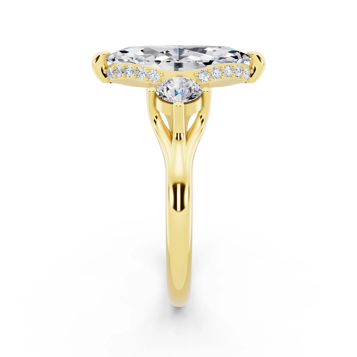 18 KT Yellow Gold Marquise Cut Diamond Three Stone Engagement Ring with Hidden Halo - side view