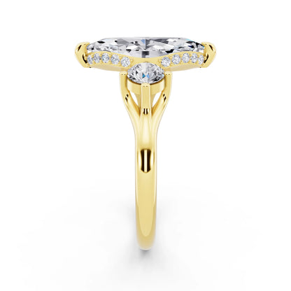18 KT Yellow Gold Marquise Cut Diamond Three Stone Engagement Ring with Hidden Halo - side view