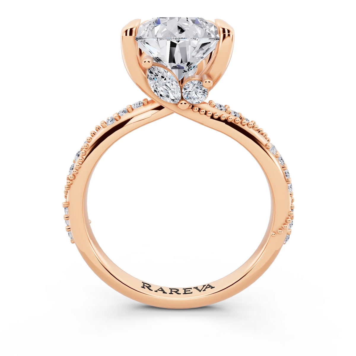 14 KT Rose Gold Pear Cut Diamond Ring with Marquise Accent - through finger