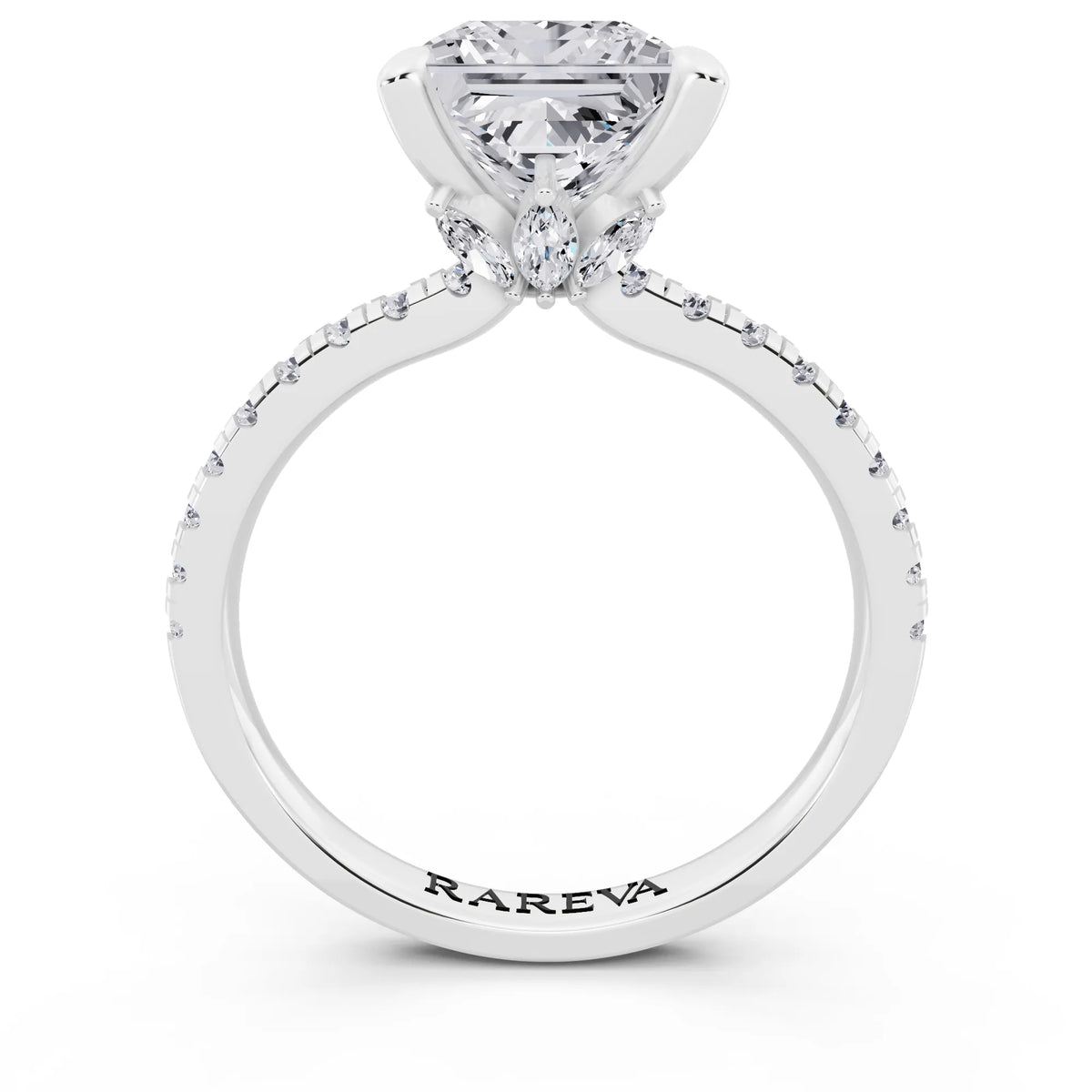 Platinum Princess Cut Diamond Solitaire Ring with Marquise Collar - through finger