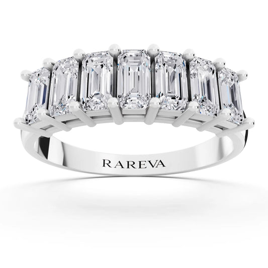 Silver Seven Stone Emerald Cut Diamond Half Eternity Wedding Band - 1.8mm - Front