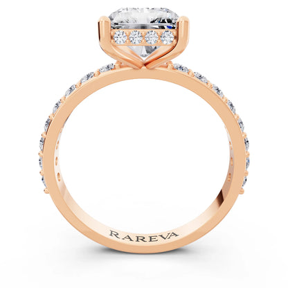 18 KT Rose Gold Radiant Cut Diamond Solitaire Ring with Hidden Halo and Pave Band - through finger