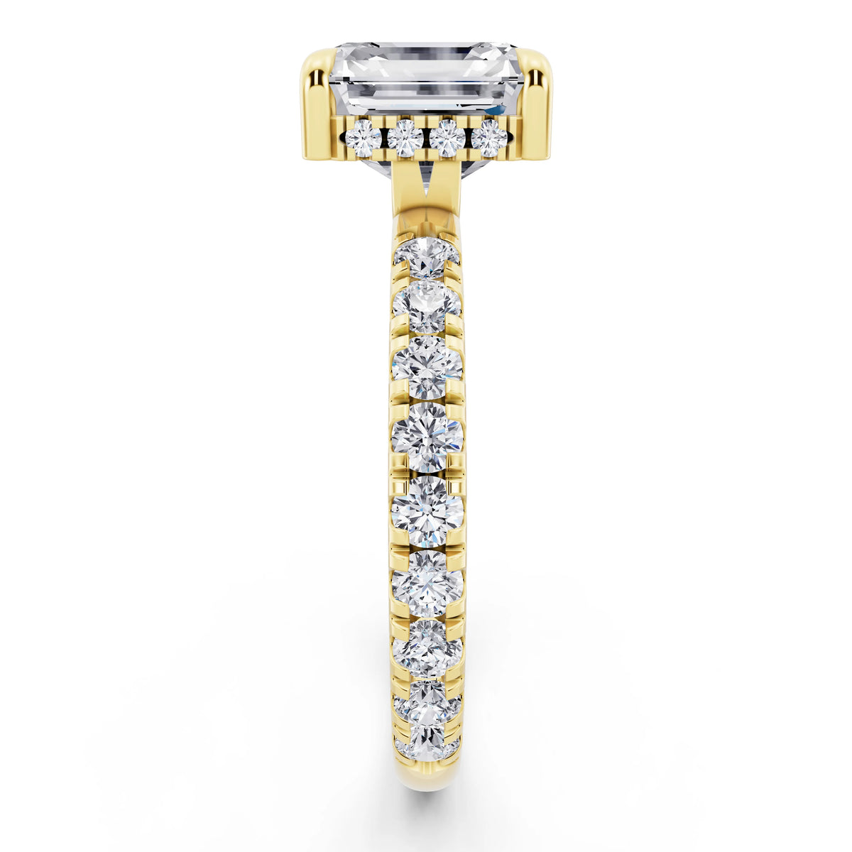 18 KT Yellow Gold Asscher Cut Diamond Solitaire Ring with Hidden Halo and French Pave Band - side view