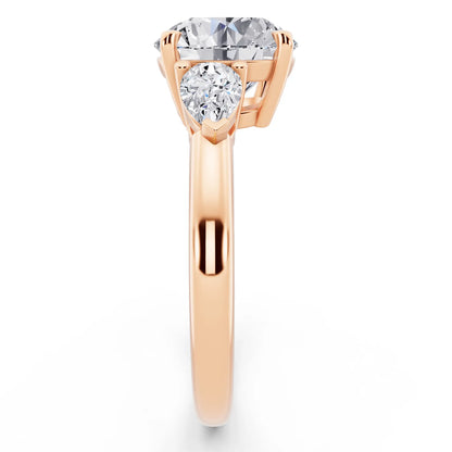 14 KT Rose Gold Round Cut Diamond Three Stone Pear Accent Ring - side view