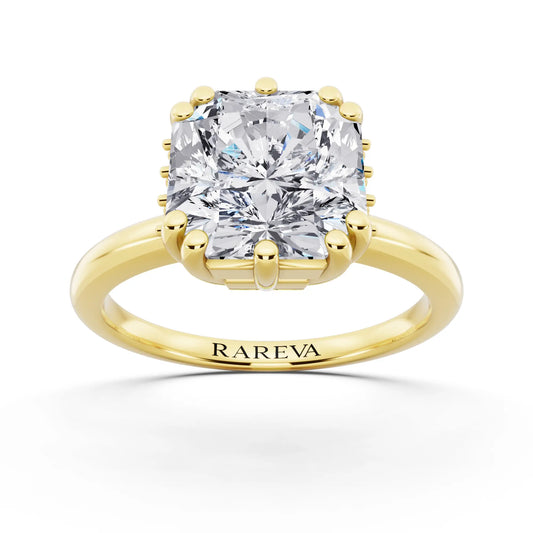 14 KT Yellow Gold Asscher Cut Diamond Solitaire Ring with Hidden Accent Basket - front view