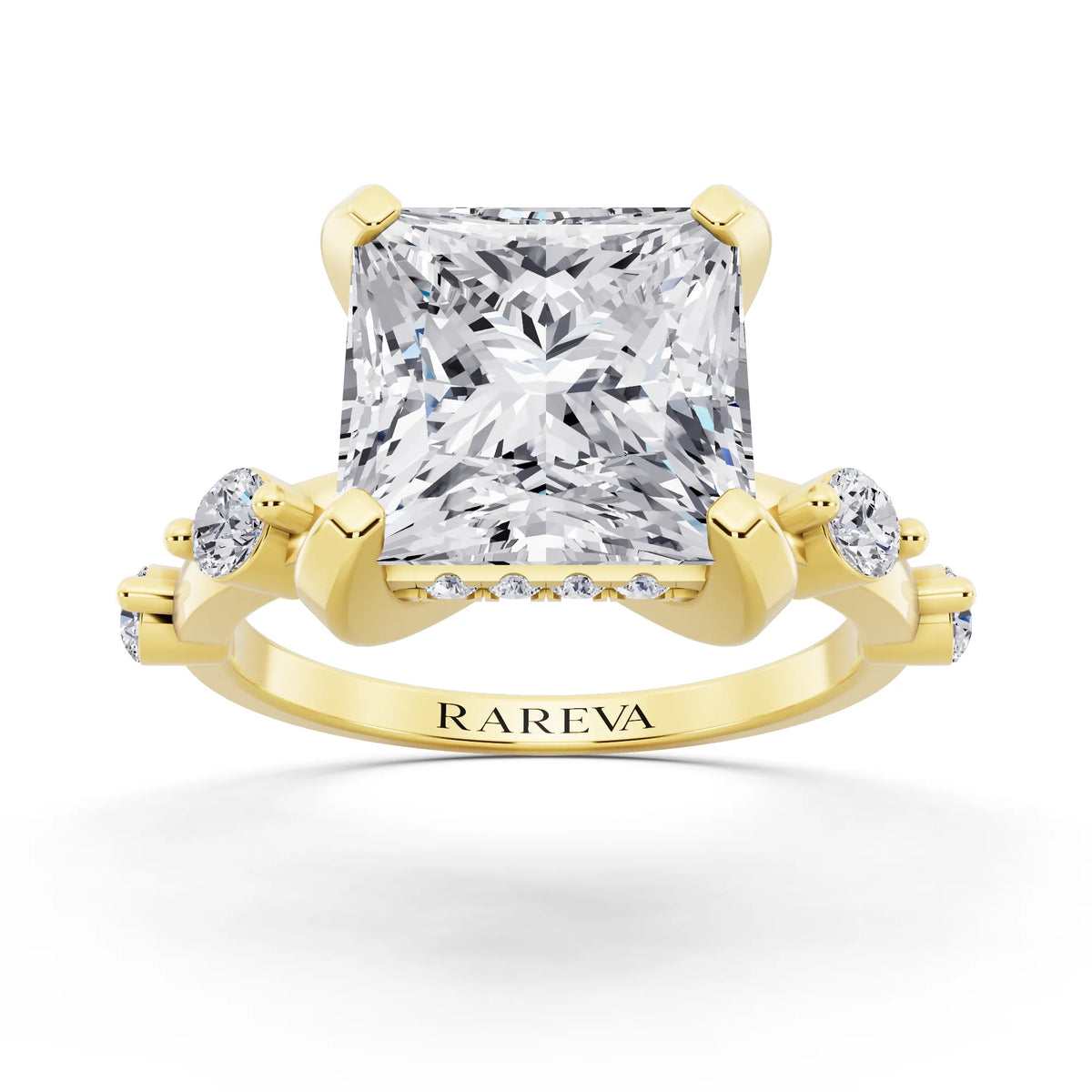 18 KT Yellow Gold Princess Cut Diamond Solitaire Ring with Floating Diamond Accents - front view