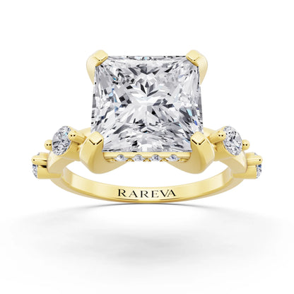 18 KT Yellow Gold Princess Cut Diamond Solitaire Ring with Floating Diamond Accents - front view