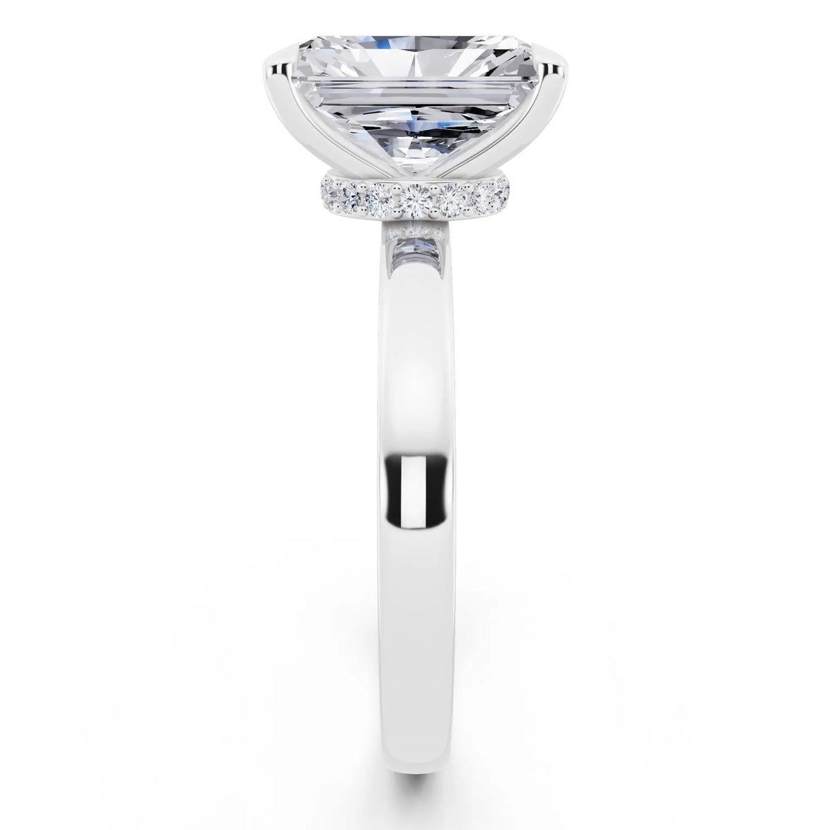 Platinum Radiant Cut Diamond Solitaire Ring with Pave Collar - side view