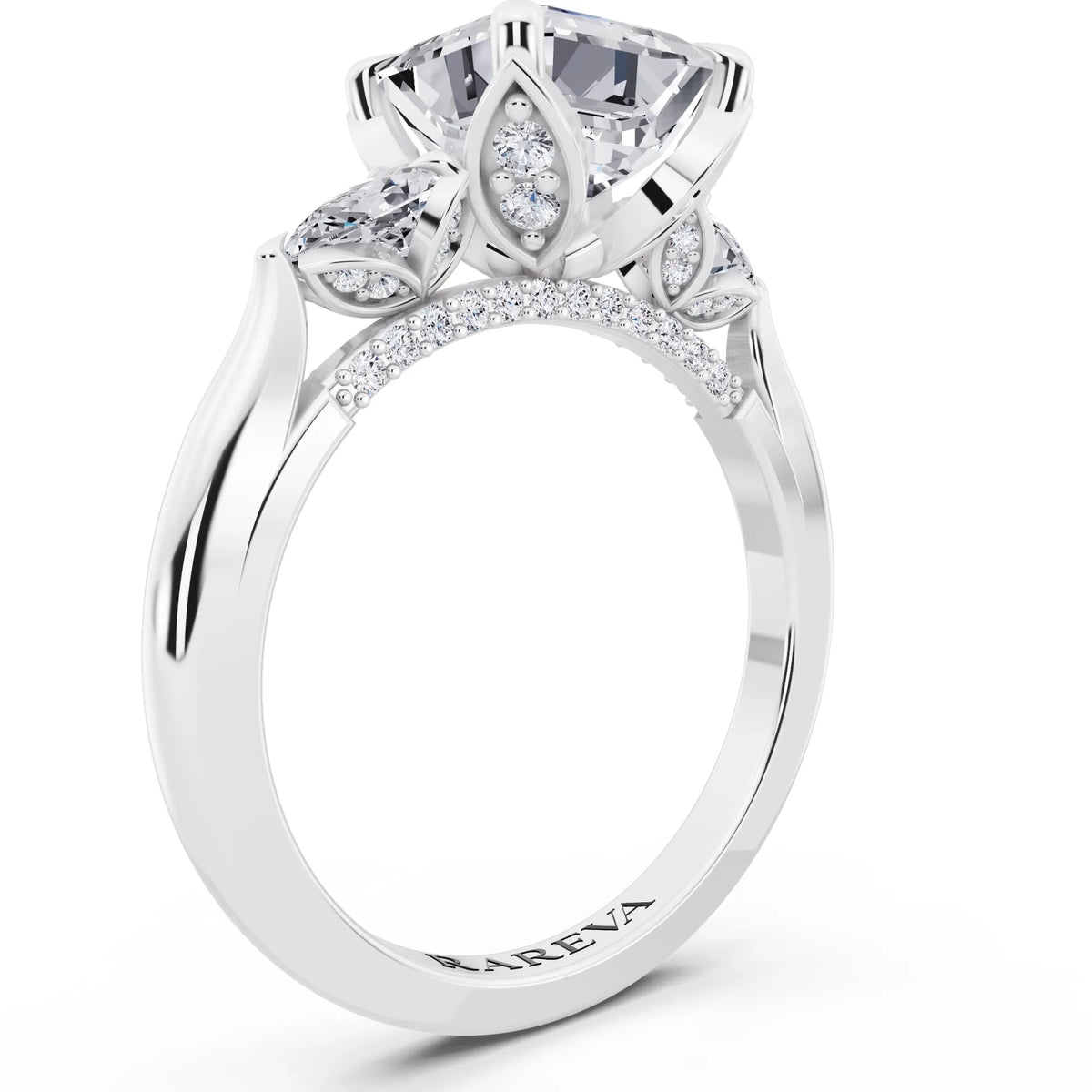 Platinum Asscher Cut Diamond Cluster Engagement Ring with Pear Accents and Pavé Band - top view