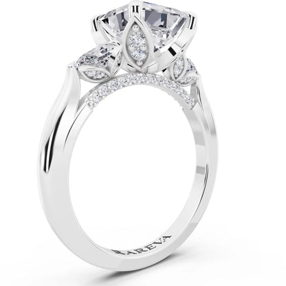 Platinum Asscher Cut Diamond Cluster Engagement Ring with Pear Accents and Pavé Band - top view