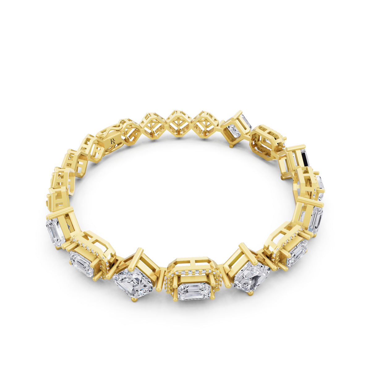10K Yellow Gold Square Emerald and Emerald Cut Halo Diamond Tennis Bracelet - Left