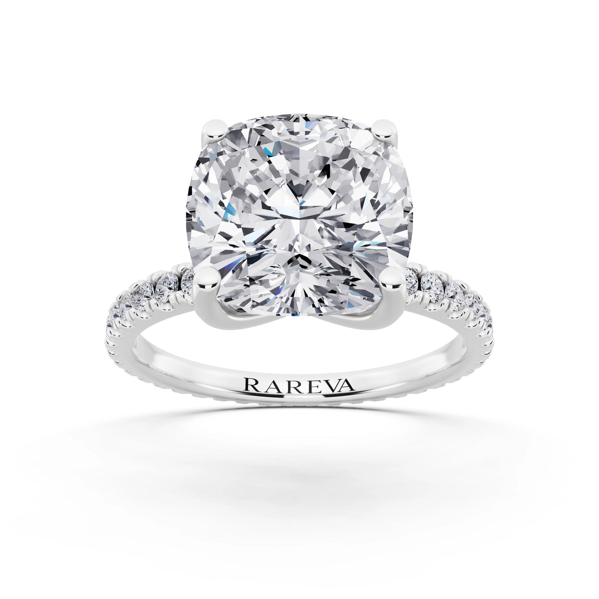 Platinum Cushion Cut Diamond Solitaire Ring with Pave Eternity Band - front view