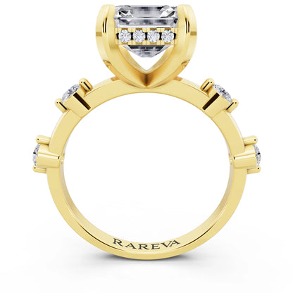 14 KT Yellow Gold Asscher Cut Diamond Solitaire Ring with Floating Diamond Accents - through finger