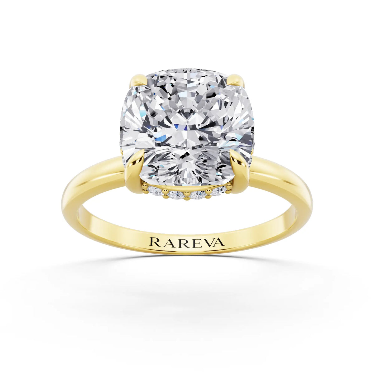 18 KT Yellow Gold Cushion Cut Diamond Hidden Halo Solitaire Ring - front view