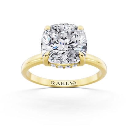 18 KT Yellow Gold Cushion Cut Diamond Hidden Halo Solitaire Ring - front view