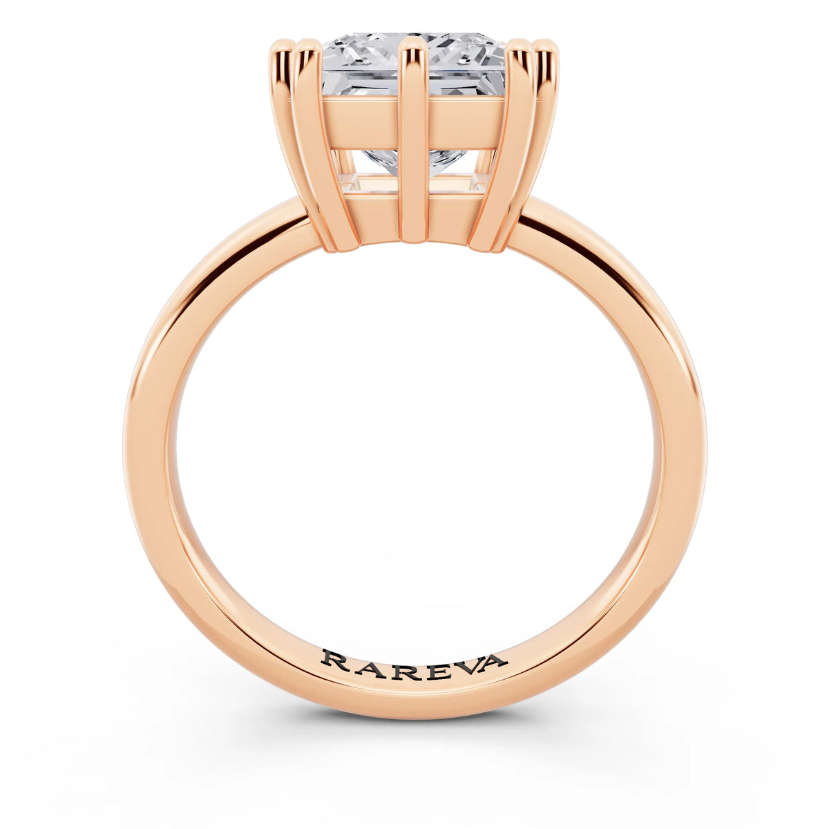 14 KT Rose Gold Princess Cut Diamond Solitaire Ring with Hidden Accent Basket - through finger