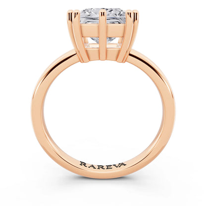 14 KT Rose Gold Princess Cut Diamond Solitaire Ring with Hidden Accent Basket - through finger