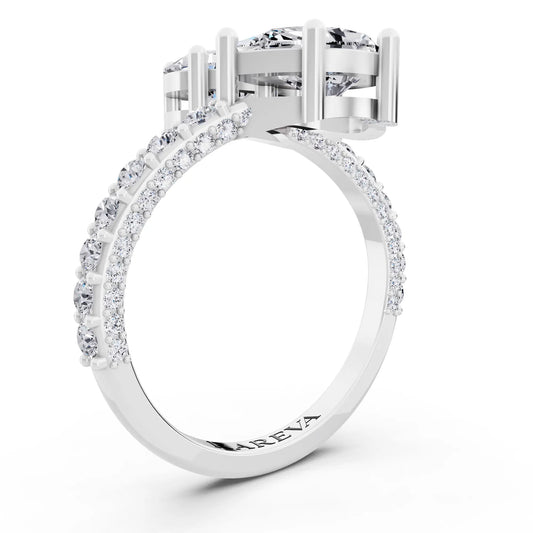 14 KT White Gold Pear Cut Diamond Two Stone Ring with Pave Band - Top view